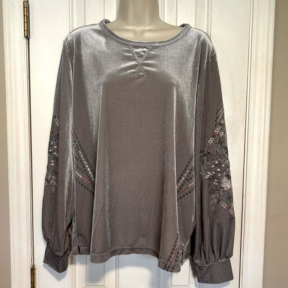 Kate & Sam Light Silver Gray Boho Embroidered Velvet Top Long Sleeve Top | Large